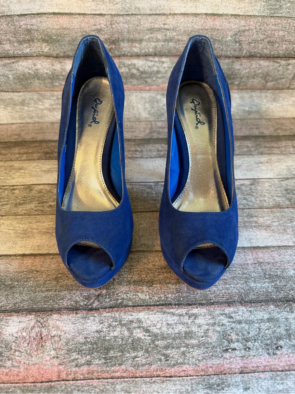 Qupid Royal Blue Suede Peep-Toe Platform Pumps - Picture 2 of 8